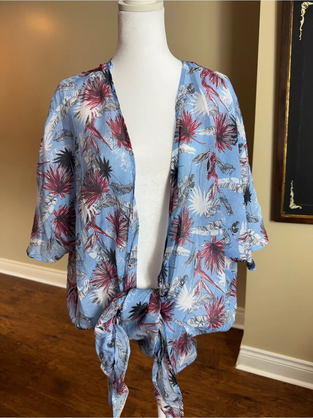 Easel NWT Blue Floral Tropical Tie Front Kimono Cardigan Size Small